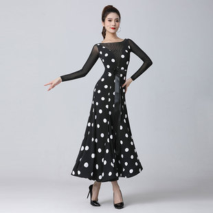 丹宝罗摩登舞裙2023新款女前蝴蝶结长裙波点舞裙跳交谊舞的连衣裙