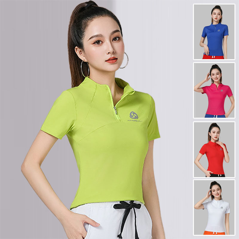 广场舞短袖半拉链运动上衣夏季健身舞蹈服装女显瘦高弹跑步健身衣
