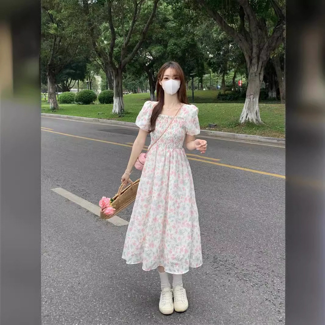 150小矮个子法式甜美碎花洋装女收腰a字中长版初恋裙xs显高夏季