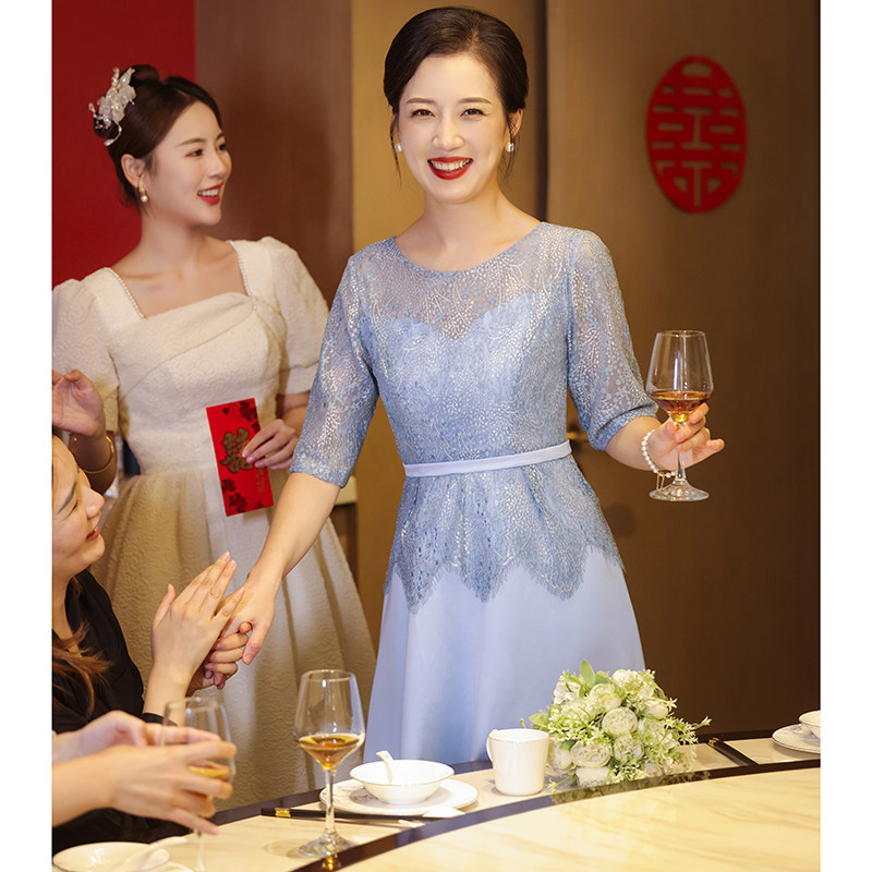 蓝色妈妈装婚宴晚礼服女2025新款平时可穿高端年轻款喜婆婆婚礼裙-天猫珍彤旗舰店