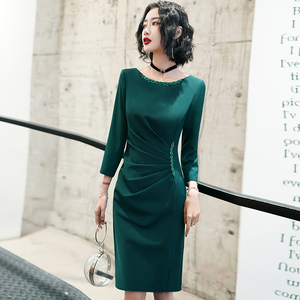绿色长袖晚礼服女2024新款高端轻奢小众宴会气质平时可穿主持人裙