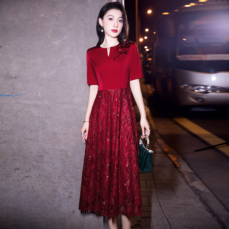 高端婆婆妈妈婚宴装晚礼服裙女酒红色优雅高贵参加婚礼丈母娘礼服