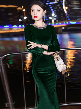 绿色鱼尾晚礼服女2026新款高端轻奢小众气质宴会主持裙高级感修身