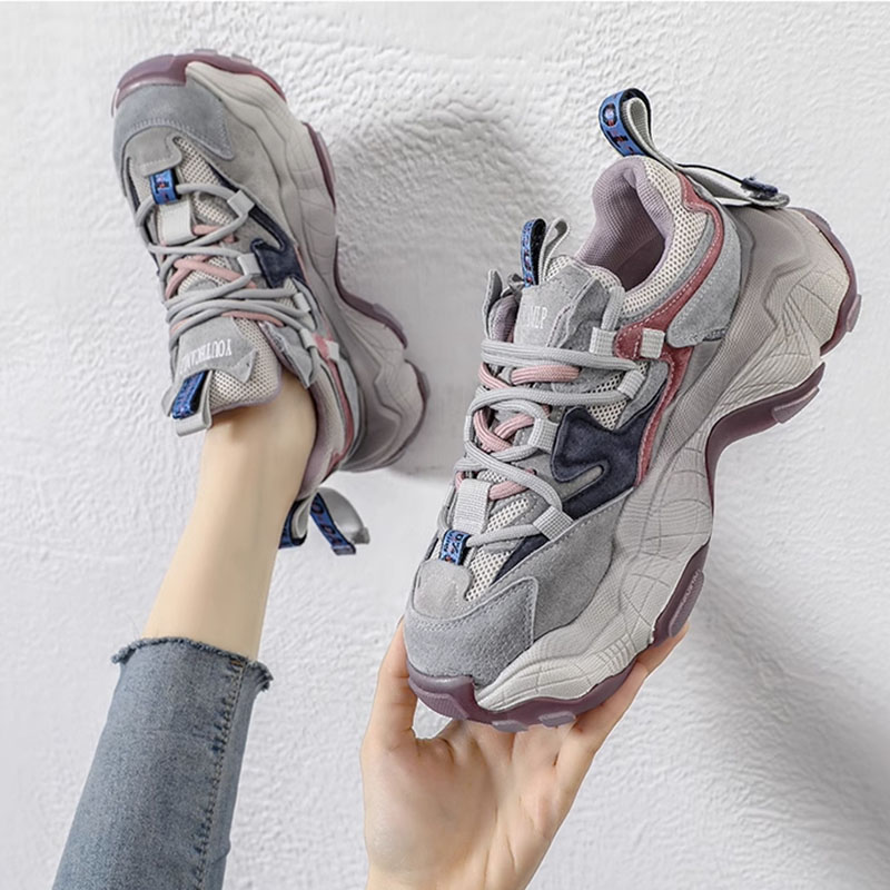 复古老爹鞋女厚底拼色系