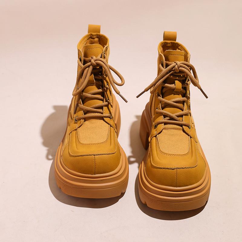 显瘦黄色2025新款增高马丁靴女款英伦风单靴增高跟帆布工装机车靴