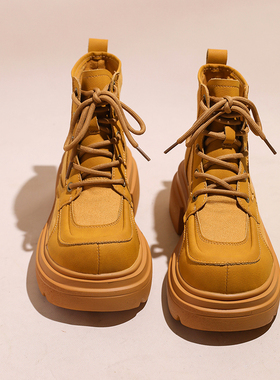 显瘦黄色2025新款增高马丁靴女款英伦风单靴增高跟帆布工装机车靴