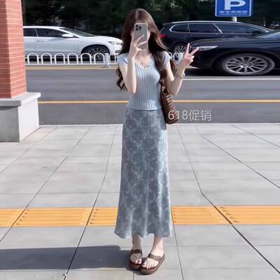 巨好看韩系穿搭一整套装蓝色碎花洋装子女夏季2026新款漂亮长裙