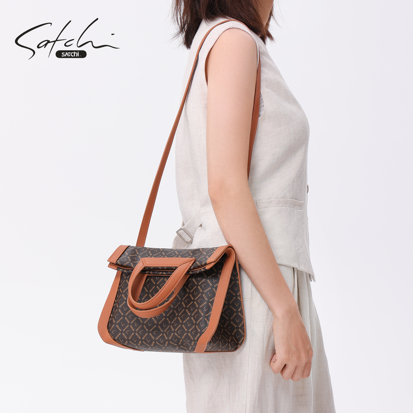 SATCHI/沙驰老花折叠包女2025新款通勤公文包小众设计单肩手提包
