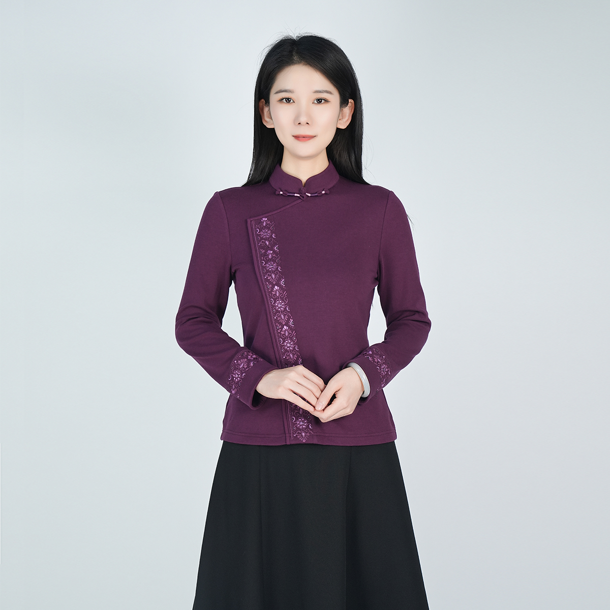 浒城古娘新款刺绣气质立领休闲百搭长袖新中式国风T恤上衣女春秋