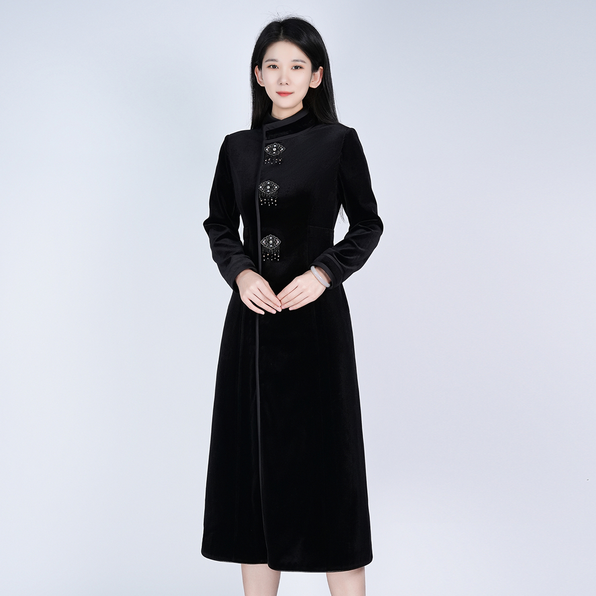 浒城古娘新款丝绒气质高定立领通勤长袖新中式国风连衣裙女款春秋