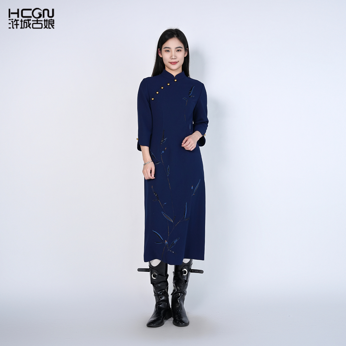 国风竹叶刺绣气质显白旗袍连衣裙