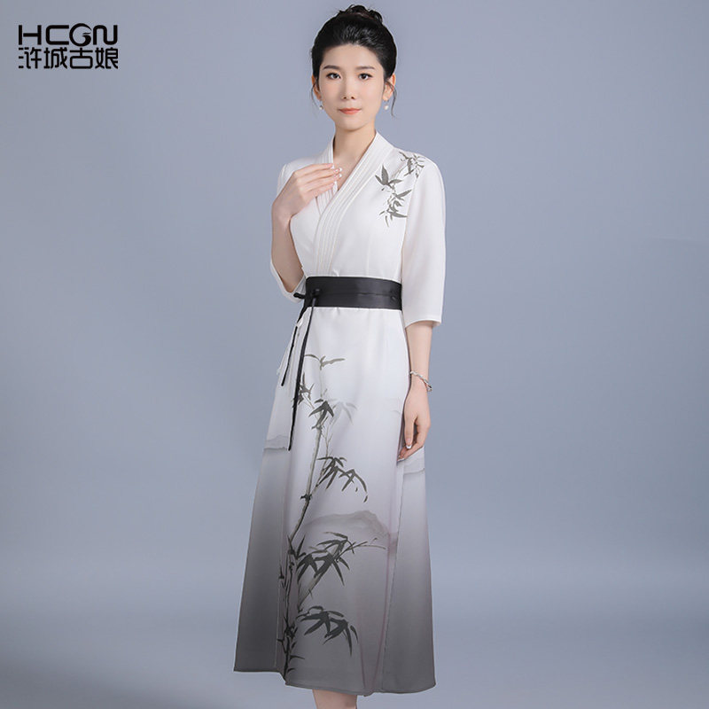 浒城古娘新款醋酸渐变印花气质收腰长款新中式国风连衣裙女夏季