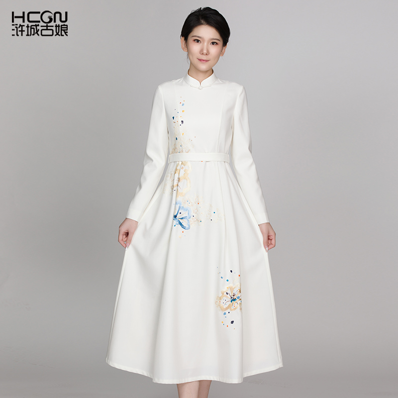 浒城古娘绵羊毛立领连衣裙A字女