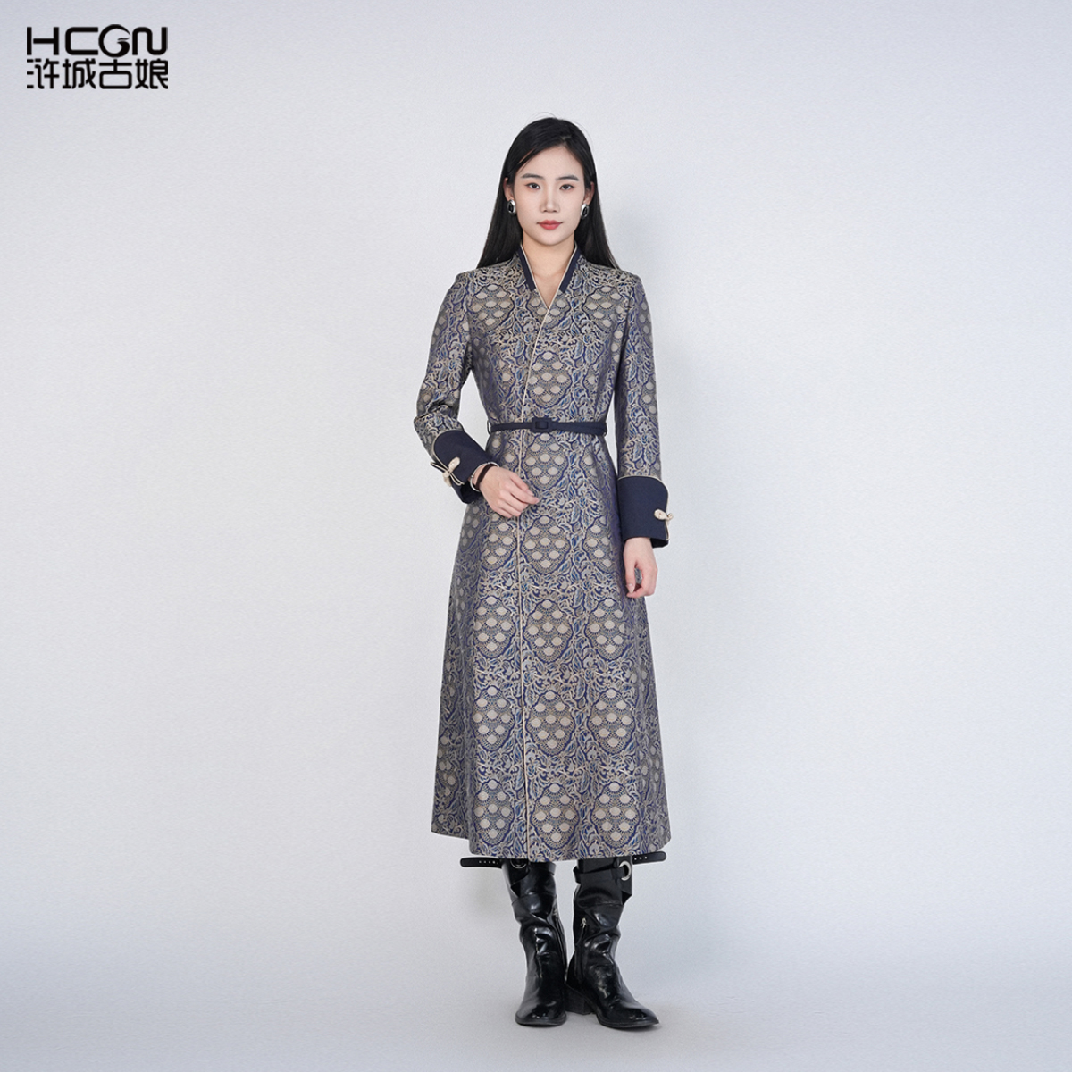 浒城古娘新款桑蚕丝提花气质高端贵气新中式国风宋锦连衣裙女春秋