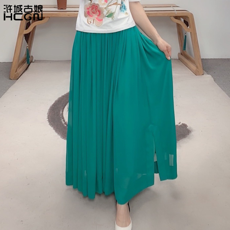 hcgn/浒城古娘夏季新品飘逸仙气碎褶长款松紧腰半身裙女绿色裙子