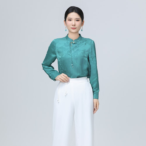 中国风气质夏季新款宽松显瘦舒适百搭女士上衣立领长袖通勤衬衫