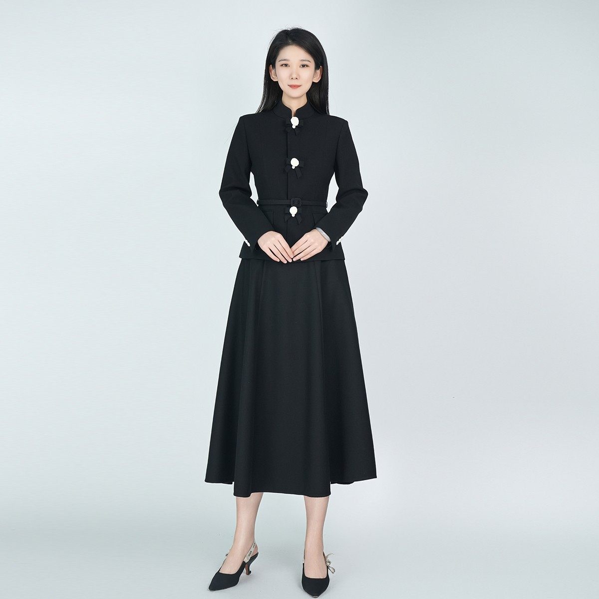 浒城古娘新款羊毛山茶花高定气质通勤长袖新中式国风套装裙女秋季