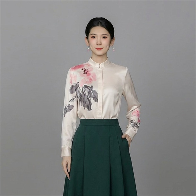 浒城古娘新款醋酸印花气质优雅百搭长袖新中式国风衬衫上衣女春秋