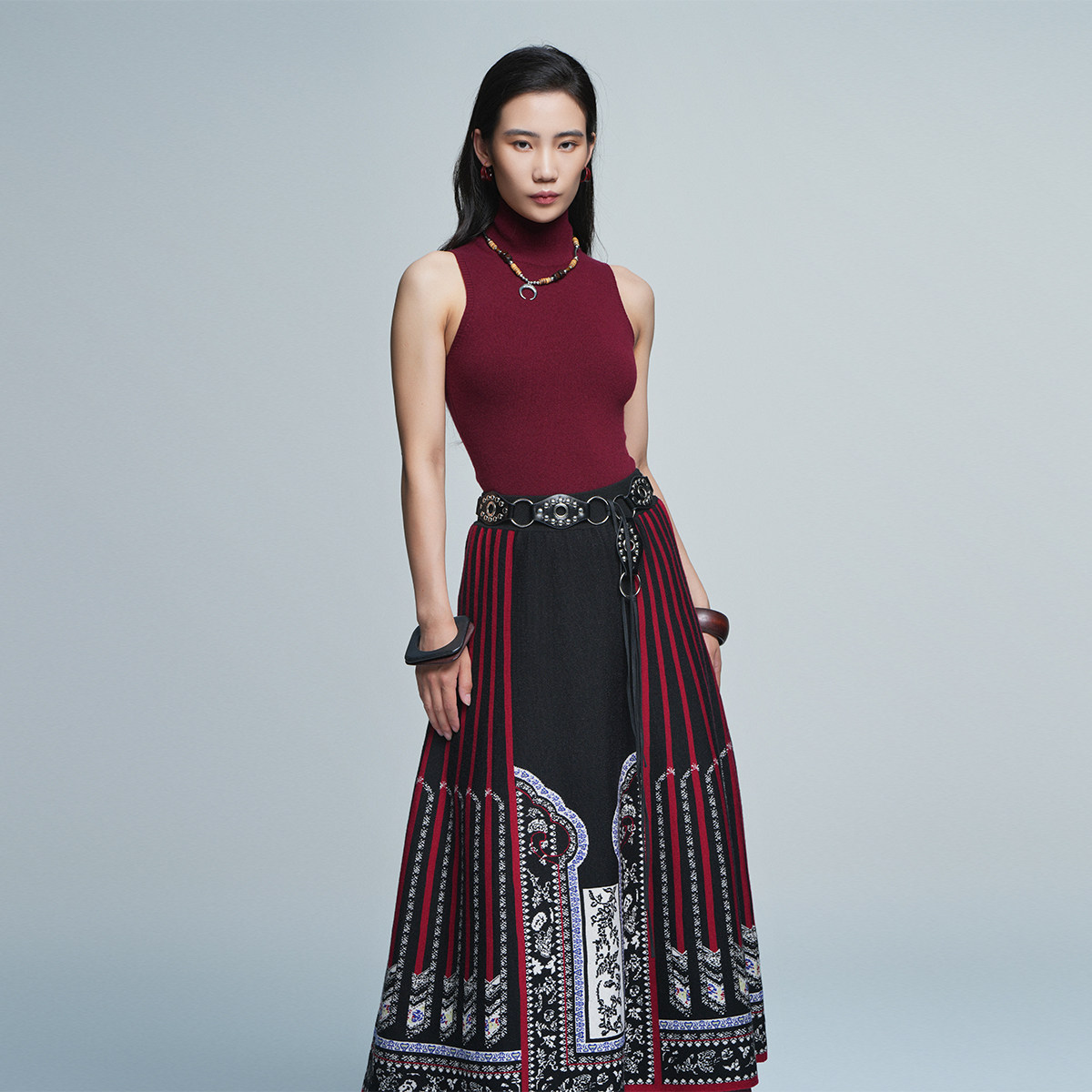 浒城古娘新款刺绣针织高腰A字半身裙新中式国风改良马面裙女春秋