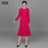 新中式 浒城古娘新款 刺绣气质优雅圆领中长款 国风鱼尾连衣裙女春秋