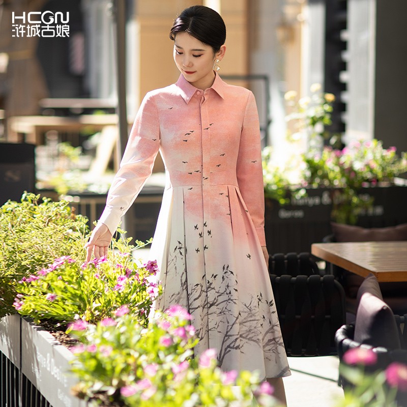 浒城古娘国风印花修身显瘦连衣裙