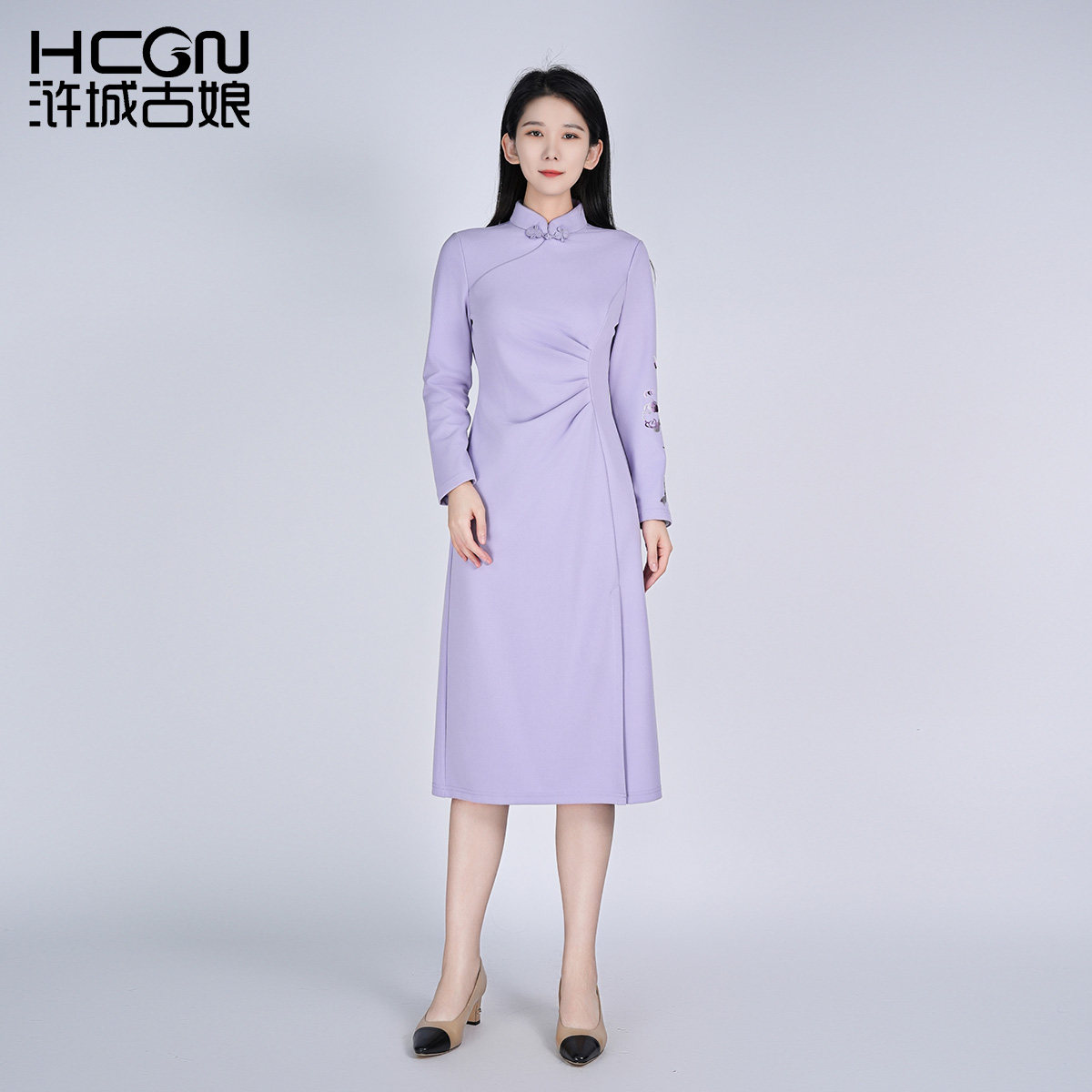 浒城古娘新款刺绣气质优雅收腰长袖新中式国风旗袍连衣裙女装春秋