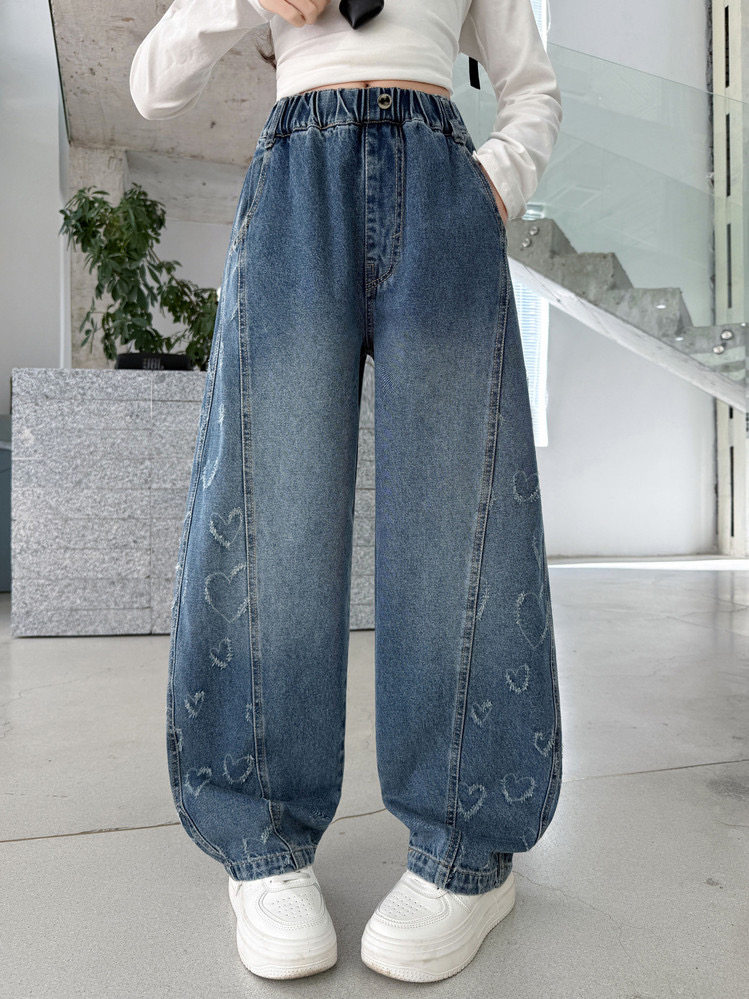 高级感侧边爱心阔腿牛仔裤女女童冬季新款高腰宽松显瘦阔腿裤