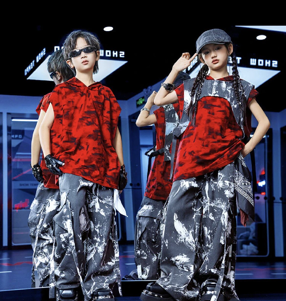 少儿街舞服装嘻哈儿童潮服黑红演出服男童套装女童走秀表演服装夏