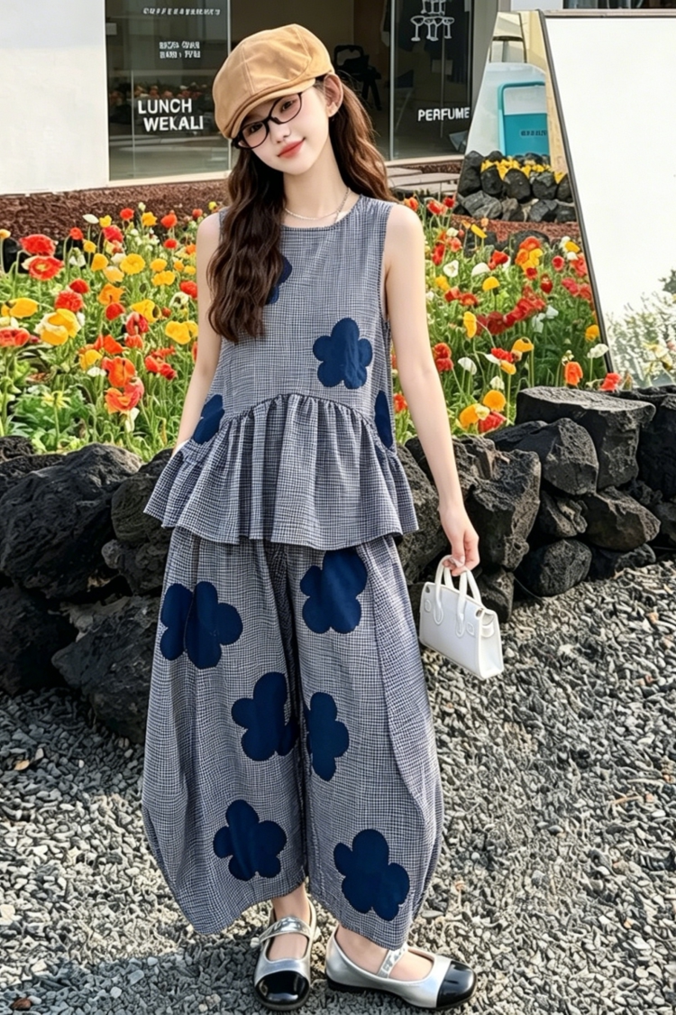 格子休闲花朵无袖背心套装女夏季2026新款学院风灯笼阔腿裤两件套
