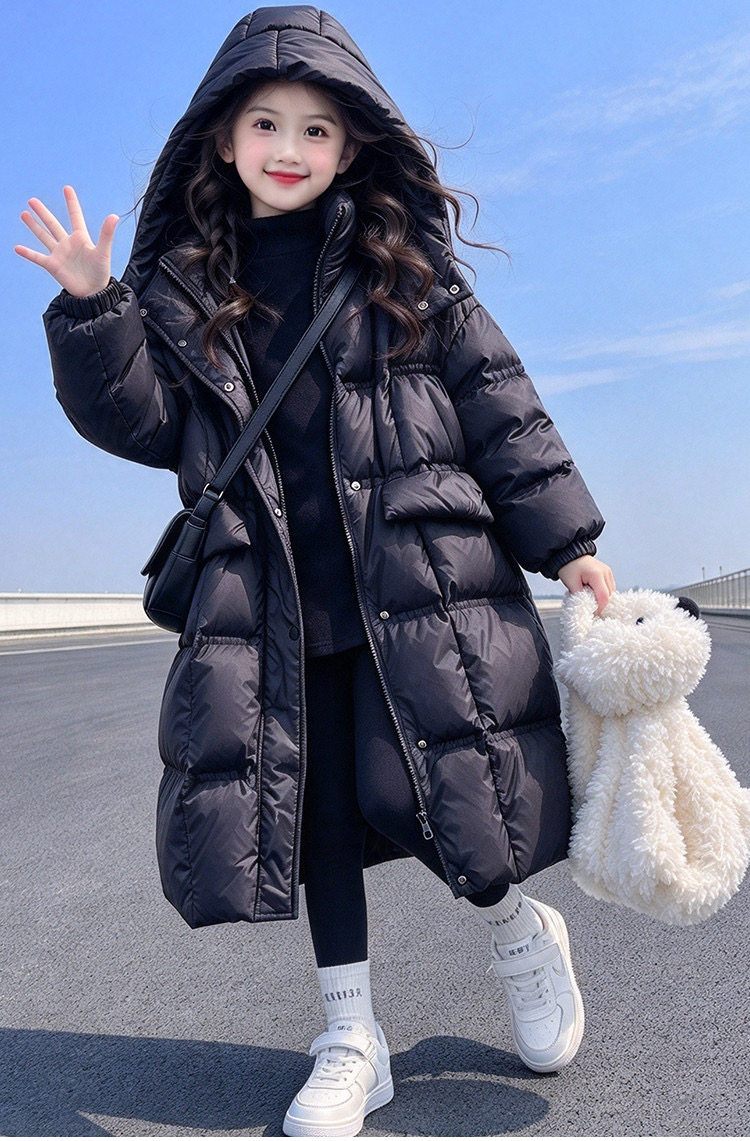 女童中长款棉服2026冬季新款简约时尚黑色羽绒棉外套儿童加厚棉衣