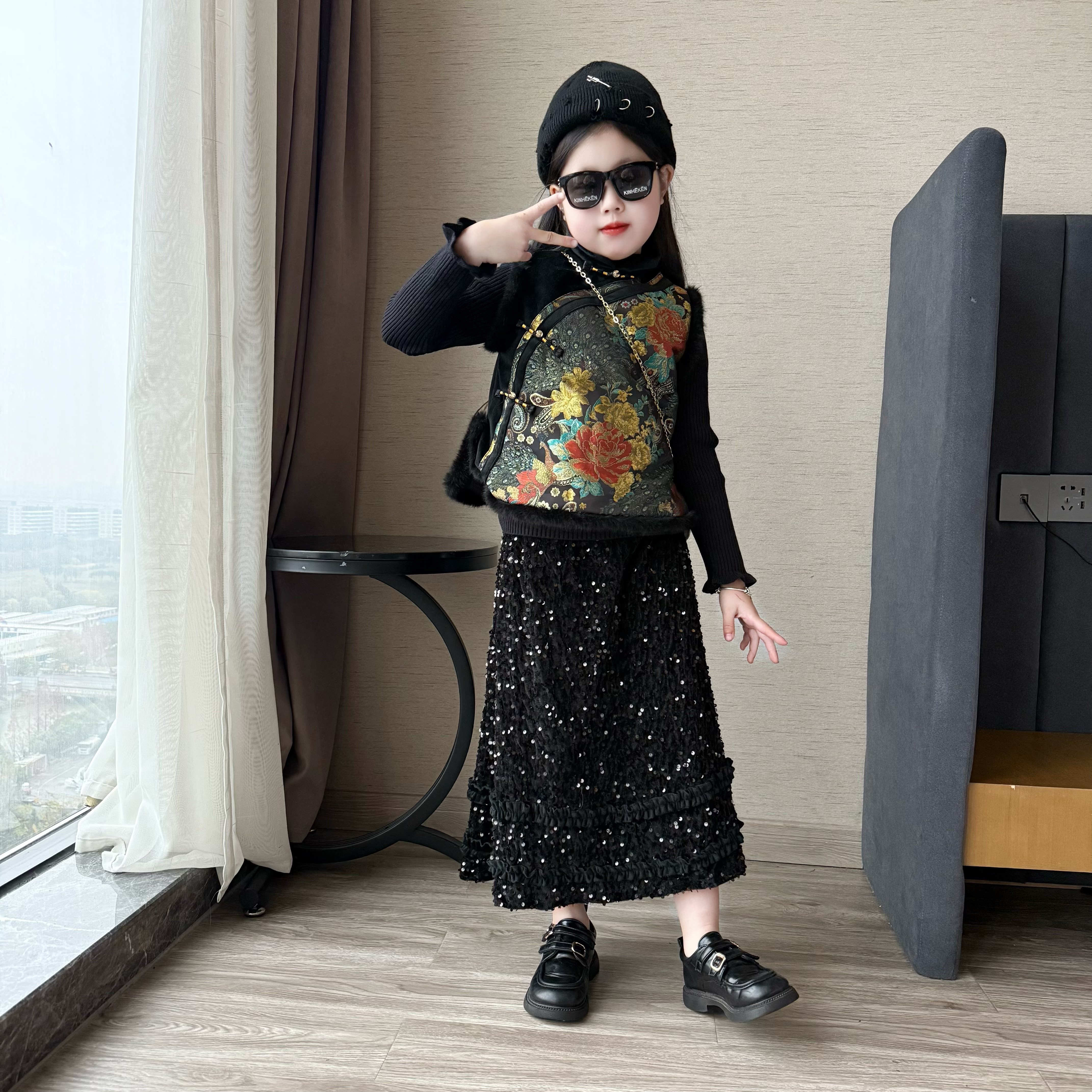 女童冬季新中式拜年服套装中大童女孩秋冬加绒加厚喇叭裤长裙套装