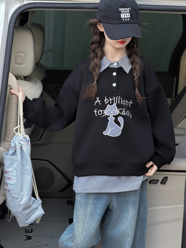 女童假两件POLO领卫衣春装2026新款大童儿童洋气春秋韩范休闲上衣