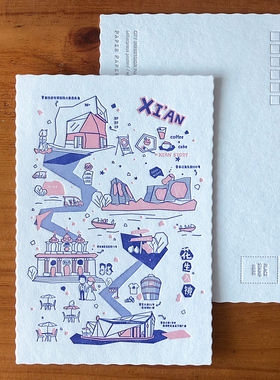 原创创意插画明信片套装ins文艺漫画风西安地标建筑活版印刷