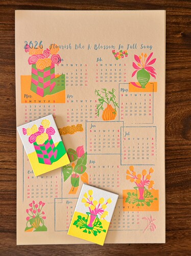 2026年花开绽放荧光色印制活版印刷四色插画挂历日历装饰画挂历