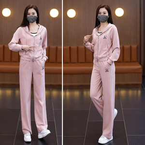 春秋新款时尚连帽开衫卫衣两件套女装宽松减龄阔腿长裤休闲运动服