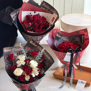 情人节新款复古玫瑰花束包装纸牛皮纸哑光字母图案花艺花店资材料