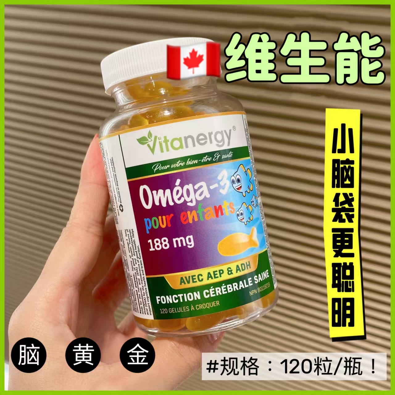加拿大正品⁠维生能DHA儿童婴幼儿学生提记忆眼睛明亮120粒脑黄金