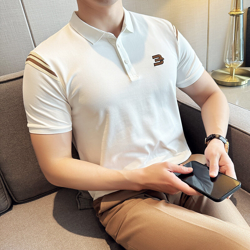 2025新款男士短袖polo衫保罗衫潮流夏季修身翻领织带潮流T恤男装