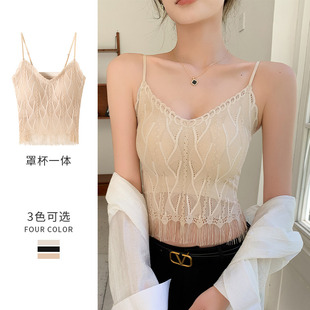 H189蕾絲流蘇小吊帶背心女夏季 打底背心外穿 內搭帶胸墊內衣短款