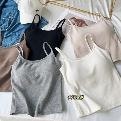 春夏新款螺纹棉吊带背心乳胶胸垫固定杯无钢圈女士内搭美背内衣