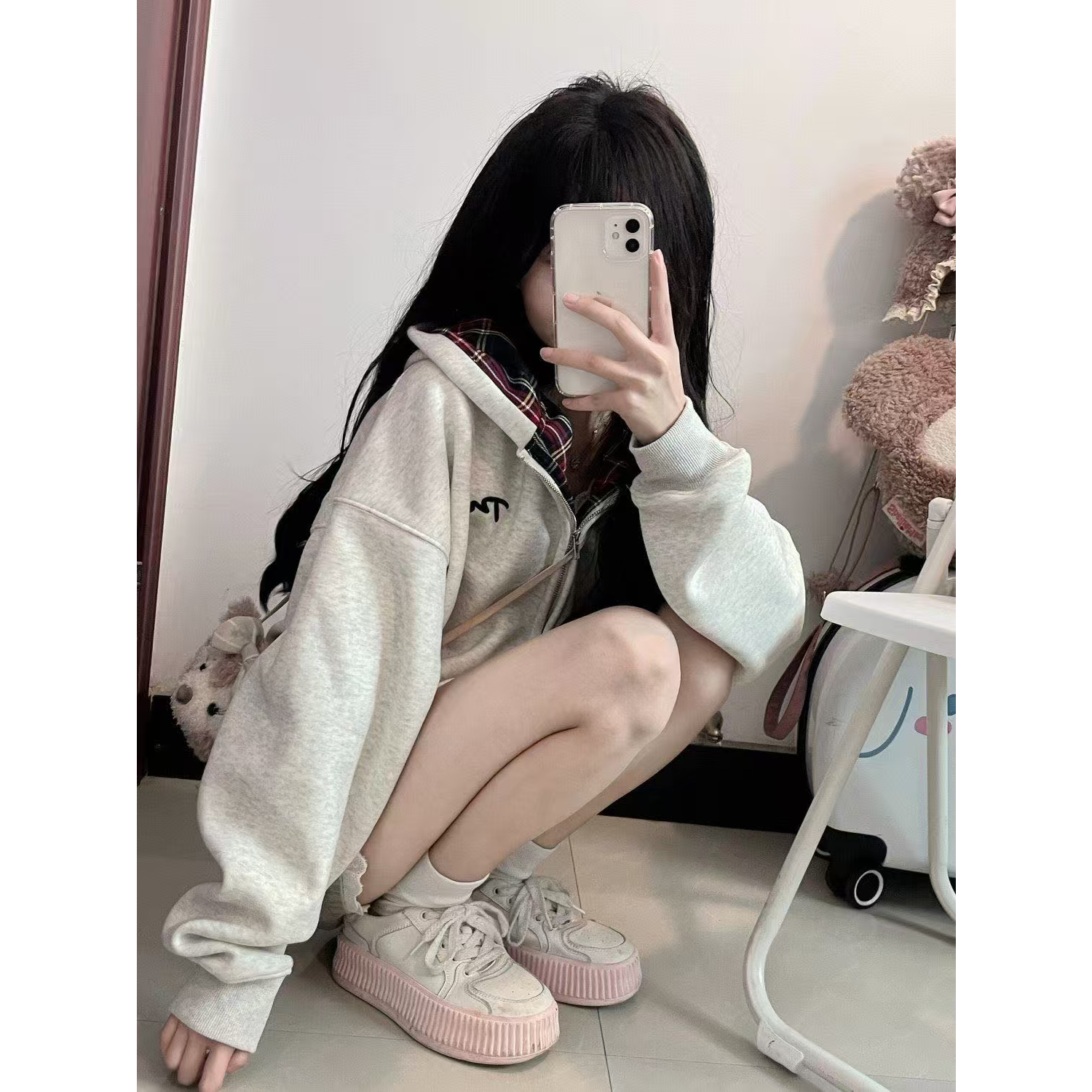 美式复古高街刺绣格子连帽卫衣女秋冬宽松设计感小众休闲开衫外套