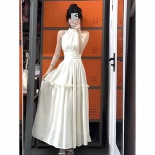 挂脖连衣裙女2025夏季 海边度假风白色无袖 设计感收腰显瘦气质长裙