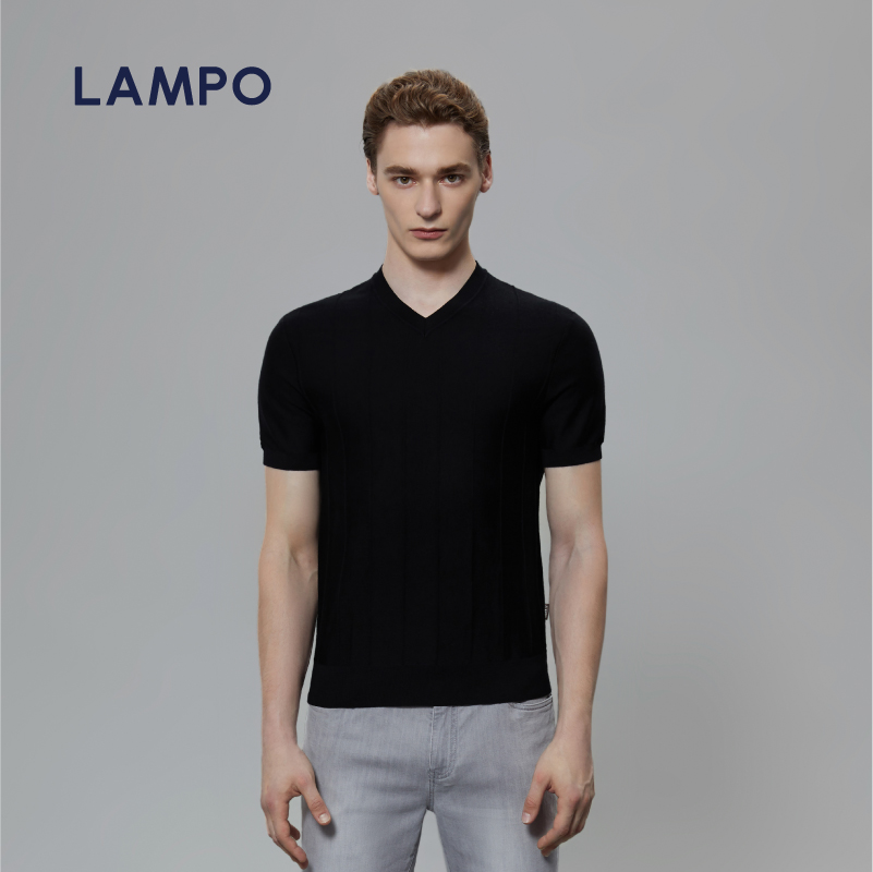 LAMPO丝羊绒黑色V领羊绒衫