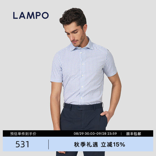 LAMPO/蓝豹短袖衬衫格纹泡泡纱