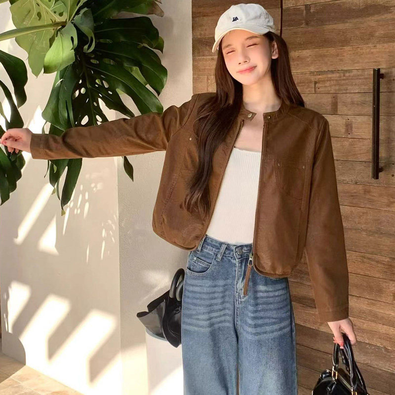 复古酷飒立领短款显瘦机车皮衣女