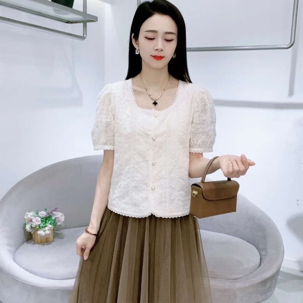 爆款推荐~小香风短袖蕾丝上衣女