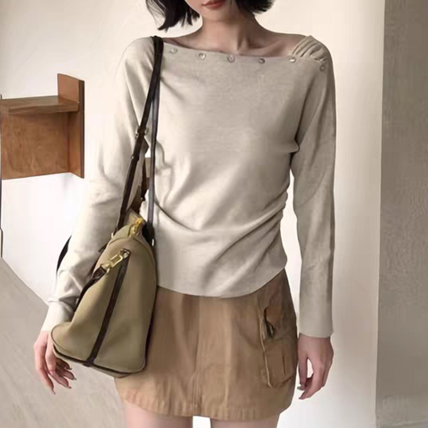 秋季新款韩系打底斜肩长袖T恤女