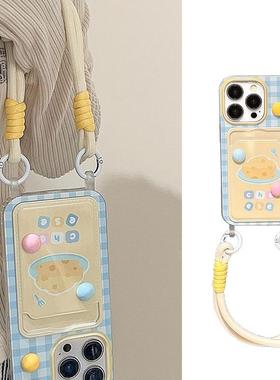 蓝色格纹芝士适用K70小米14手机壳Note12小众10红米k60卡包带挂绳K30女K40软壳11硅胶K50防摔13T新款PRO+插卡