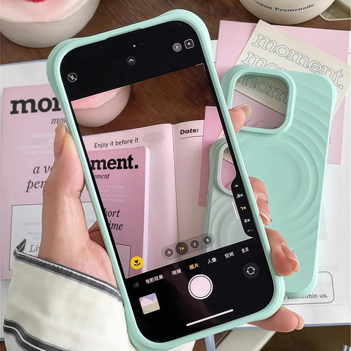 青山玉韩国ins波漾水波纹液态硅胶磁吸适用小米17pro max/14/15手机壳iPhone苹果13耐脏软糯新款牛角全包防摔