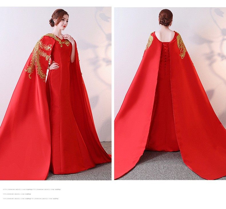 新款中国风服装主持人显瘦婚纱红色中式复古走秀拍照披风绑带礼服